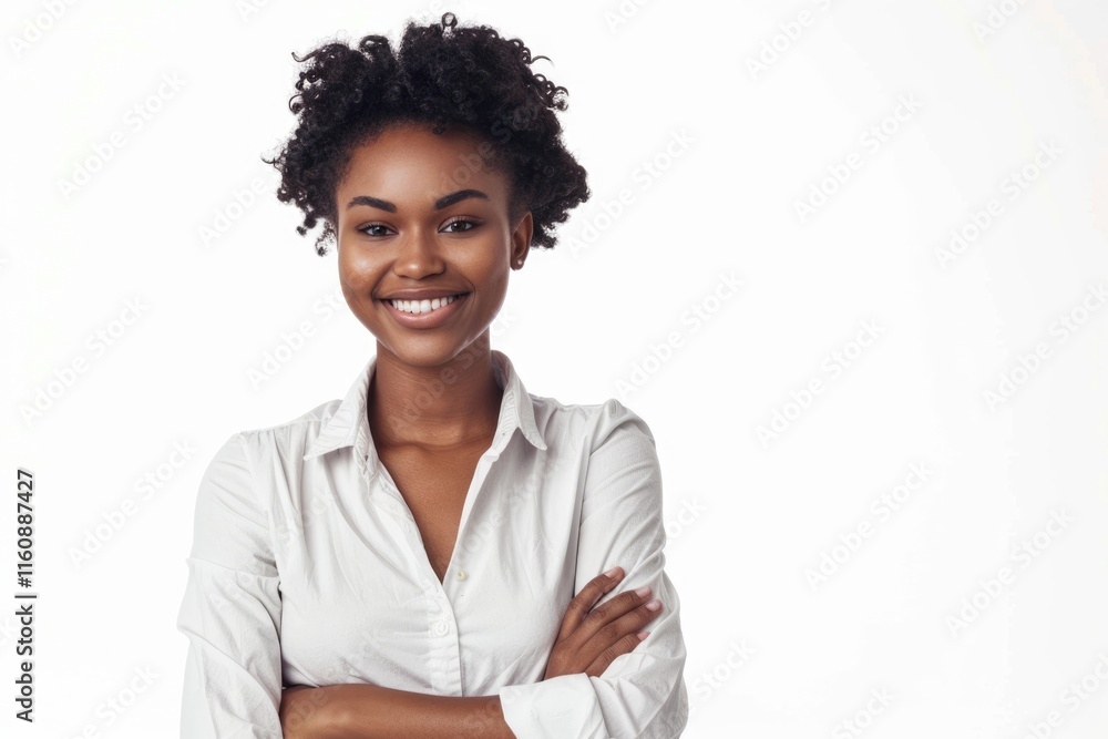 Smiling Afro Business Girl Entrepreneur in White Studio Background Smiling Afro Business Girl Entrepreneur in White Studio Background