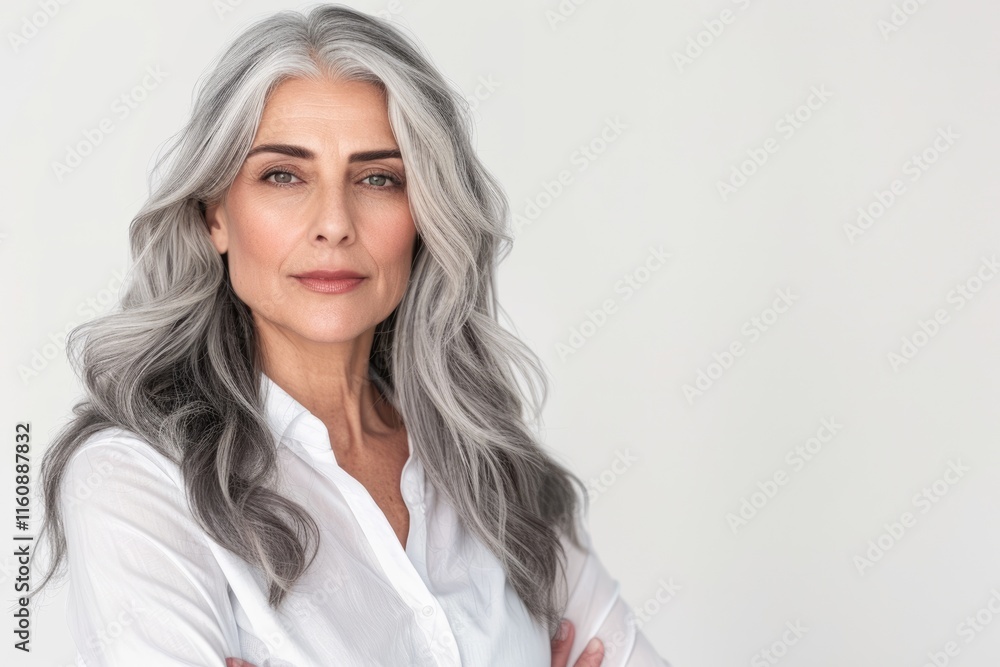Mature woman in office attire with long gray hair. Mature woman in office attire with long gray hair.