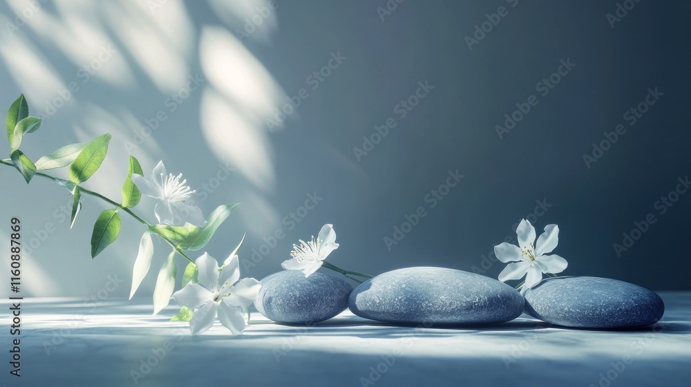 Serene spa scene with grey stones and white flowers. Serene spa scene with grey stones and white flowers.