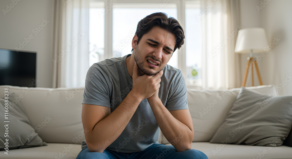 Man Experiencing Throat Pain Sitting On Sofa Living Room Setting Man Experiencing Throat Pain Sitting On Sofa Living Room Setting
