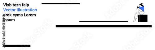 Person seated on a black box reading a book, positioned in the top right corner. Black horizontal lines scattered, placeholder text on left. Ideal for education, relaxation, focus, simplicity