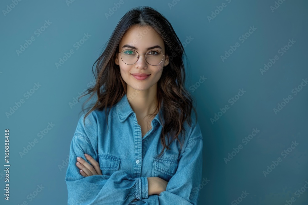Confident woman in glasses with folded arms on grey background Confident woman in glasses with folded arms on grey background