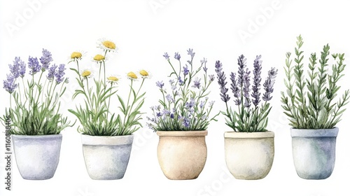 Wallpaper Mural Watercolor Botanical Illustration of Potted Lavender, Daisies, and Rosemary Torontodigital.ca