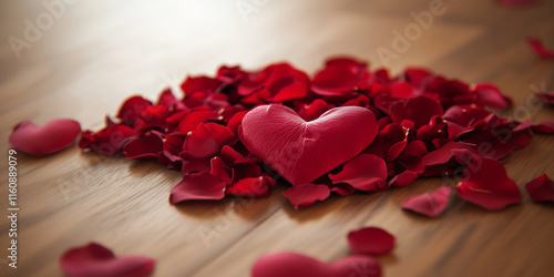Red Rose Petals on Wooden Background – Romantic Valentine's Day Floral Decoration