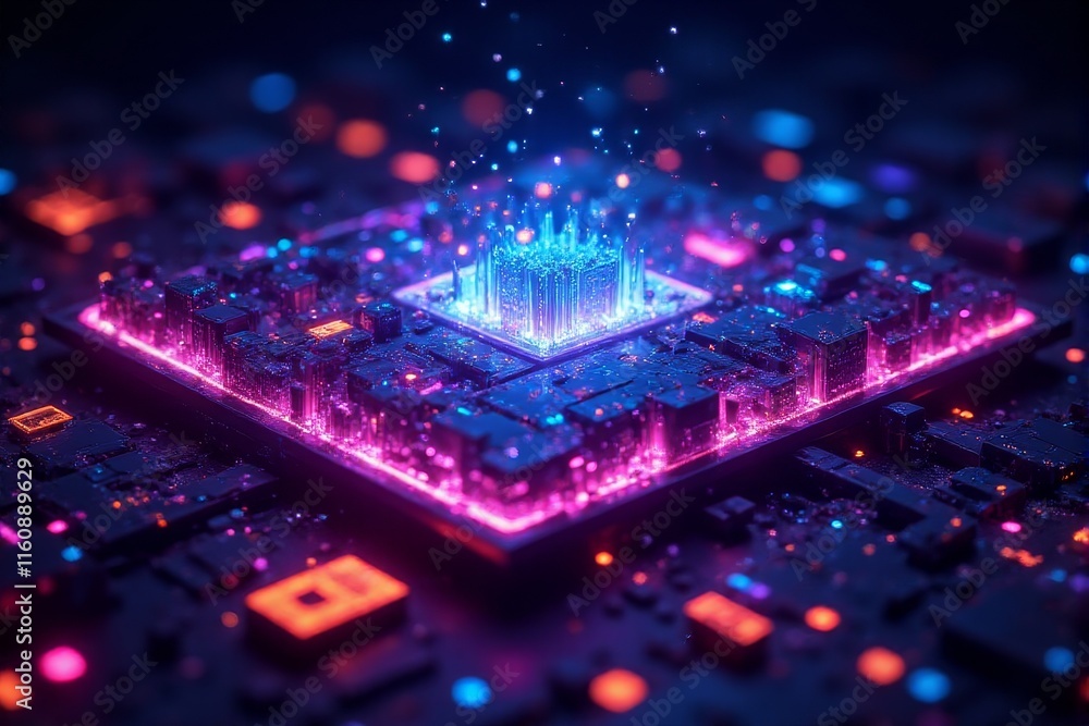 Fototapeta premium A conceptual image of quantum processing units glowing with vibrant colors