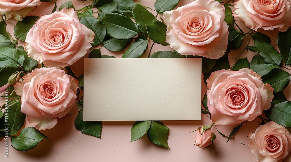 Unsealed envelope, greeting card, and roses on beige for 8 March Unsealed envelope, greeting card, and roses on beige for 8 March