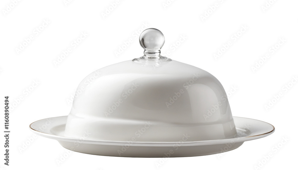 White serving cloche raised above empty white plate png White serving cloche raised above empty white plate png