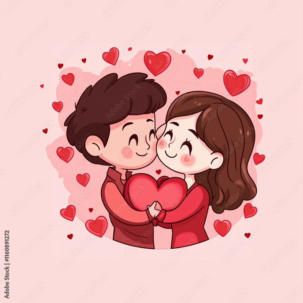Romantic Cartoon Couple with Hearts – Valentine's Day Illustration in Playful Design Romantic Cartoon Couple with Hearts – Valentine's Day Illustration in Playful Design