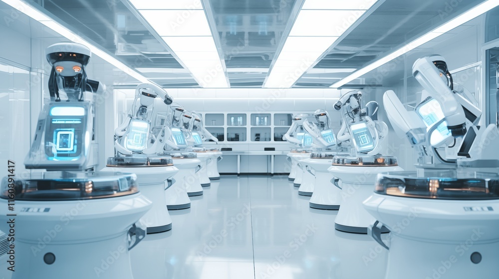 Obraz premium A futuristic lab with robotic arms performing experiments, hard light, space on the right for text,generative ai illustration