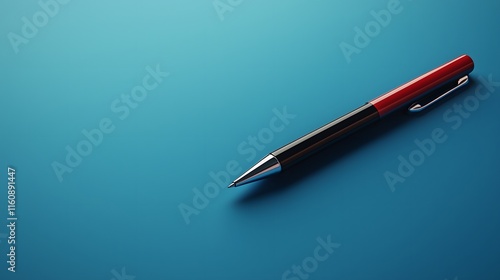 Red and black pen rests on a blue surface photo