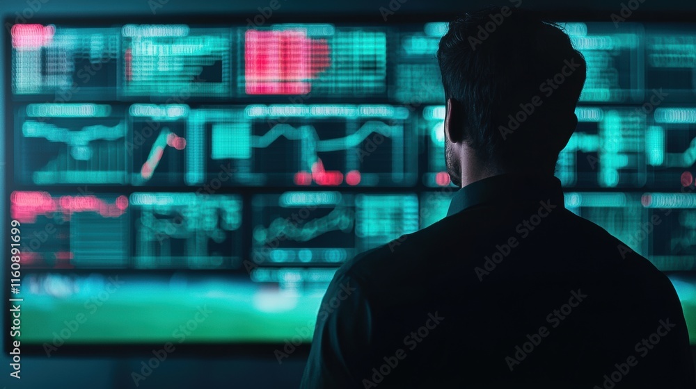 Focused Analyst Observing Data Trends on Digital Dashboard Screen Focused Analyst Observing Data Trends on Digital Dashboard Screen