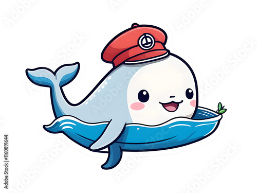 Kawaii Whale Sticker: Playful Sailor Hat Design on White Vector Background photo