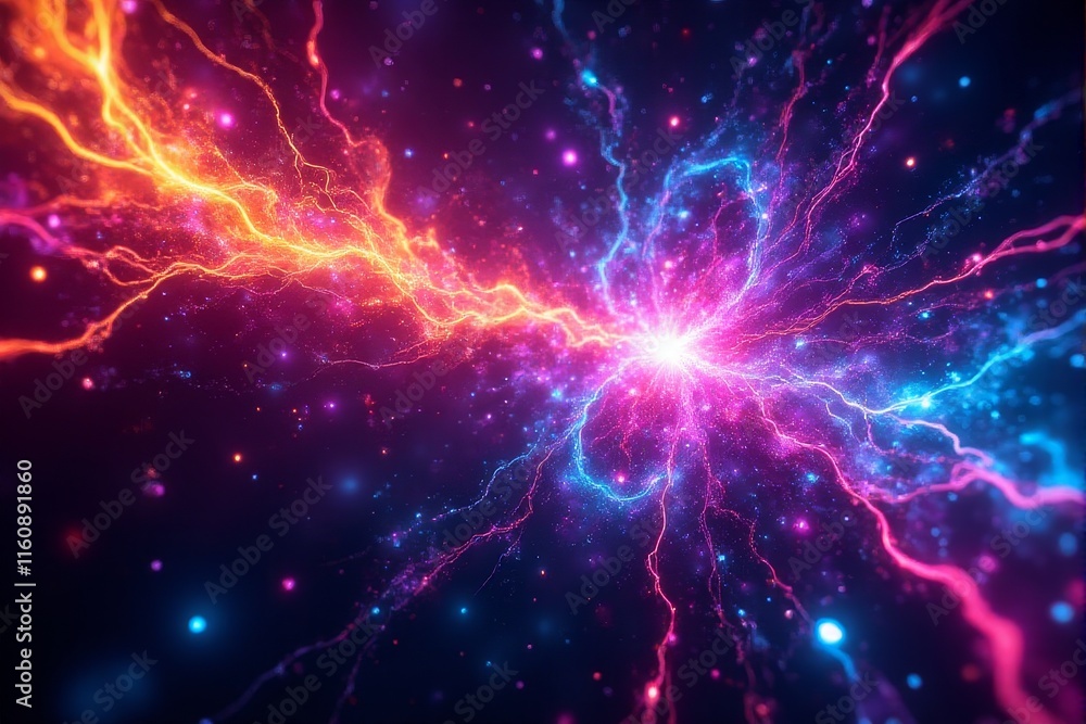 Fototapeta premium Quantum fields interacting as dynamic energy flows in neon colors