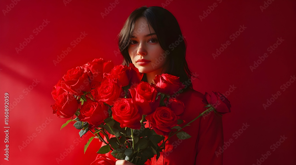 Woman holding bouquet of hybrid tea roses with vibrant red petals romantic ambiance Woman holding bouquet of hybrid tea roses with vibrant red petals romantic ambiance