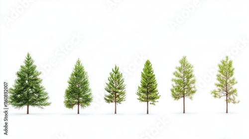 Six evergreen trees of varying heights on white background.