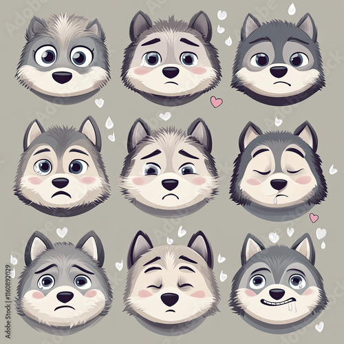 Emotions of Nine Cute Husky Faces