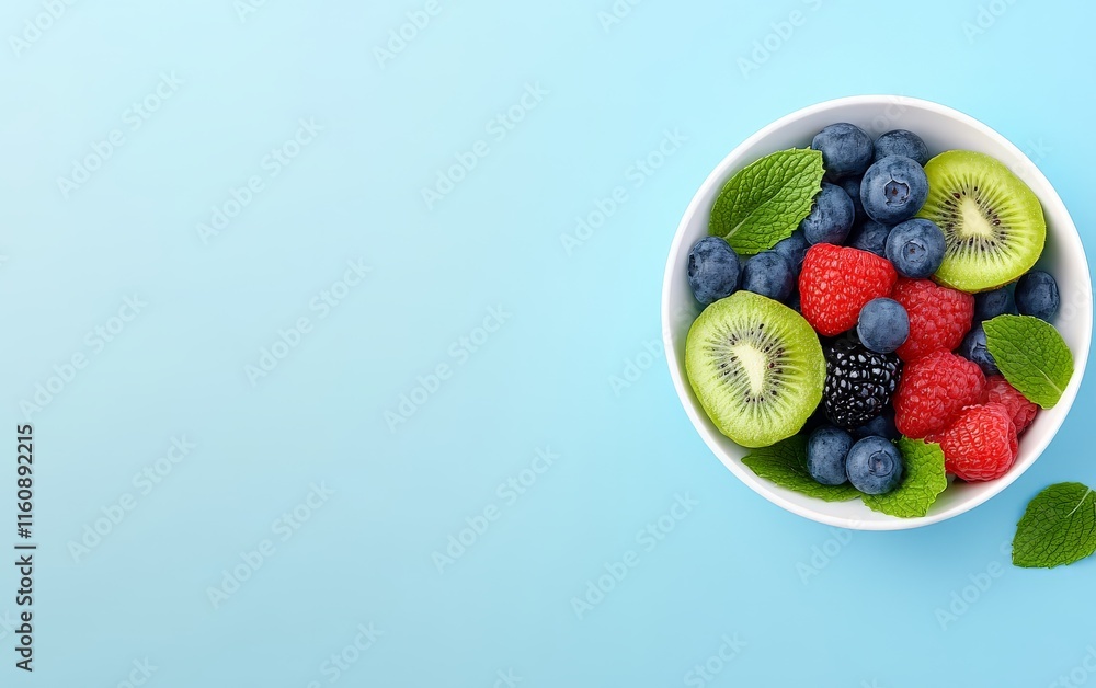 Freshly arranged bowl of assorted berries including blueberries, raspberries, and blackberries on a pastel blue background, symbolizing natural health and seasonal fruits Freshly arranged bowl of assorted berries including blueberries, raspberries, and blackberries on a pastel blue background, symbolizing natural health and seasonal fruits