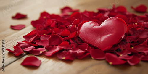 Red Rose Petals on Wooden Background – Romantic Valentine's Day Floral Decoration