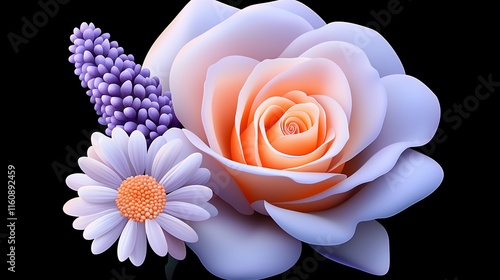 Peach rose, daisy, and grape hyacinth bouquet.