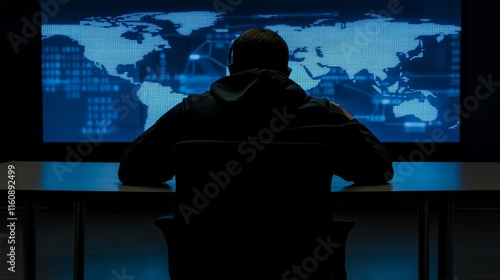 An anonymous hacker seating in front of a commanding monitor, engrossed in the process of deciphering intricate lines of code, highlighting network system vulnerability.	
