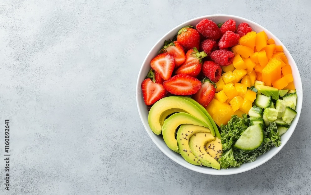 Rainbow inspired fresh fruit and vegetable bowl with strawberries, mango, avocado, and bell peppers arranged in a colorful display on a light marble backdrop Rainbow inspired fresh fruit and vegetable bowl with strawberries, mango, avocado, and bell peppers arranged in a colorful display on a light marble backdrop