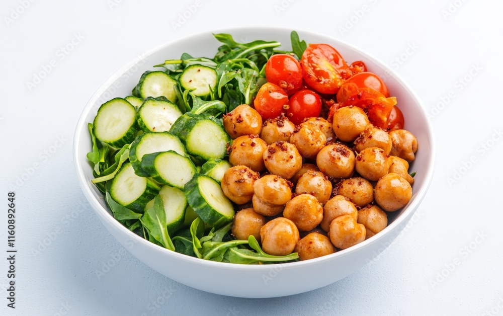 Crisp cucumber and tomato salad garnished with chickpeas in a minimalist white bowl, styled to emphasize freshness, vibrant colors, and a health conscious lifestyle Crisp cucumber and tomato salad garnished with chickpeas in a minimalist white bowl, styled to emphasize freshness, vibrant colors, and a health conscious lifestyle