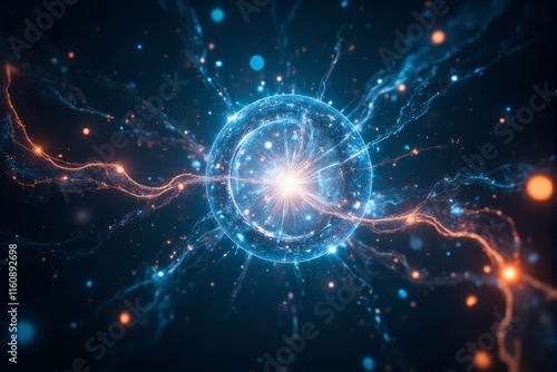 A quantum energy field surrounded by glowing data streams in motion