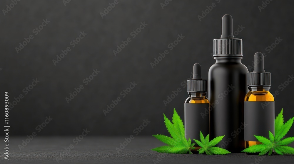 Fototapeta premium Three dark dropper bottles with cannabis leaves on a textured background.