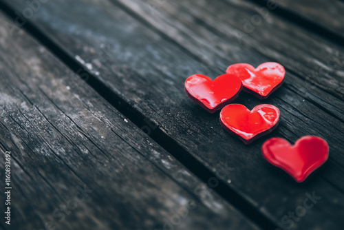 Hearts on Wooden Background – Rustic Valentine's Day Love Illustration - Negative space