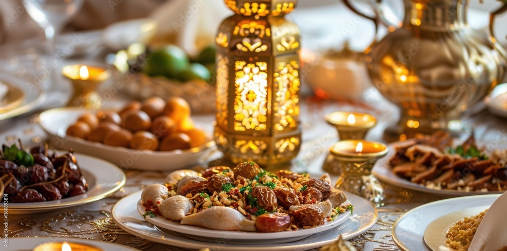 A Luxurious Ramadan Iftar Feast: Golden Lantern, Dates, and Traditional Dishes A Luxurious Ramadan Iftar Feast: Golden Lantern, Dates, and Traditional Dishes
