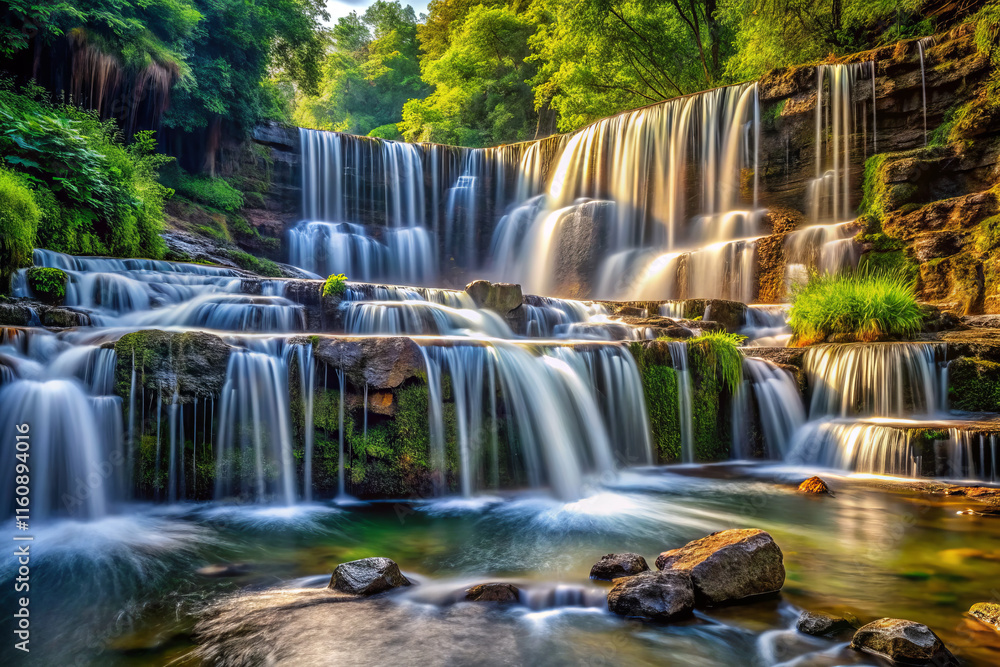Obraz premium stunning waterfall cascades over rocky ledges, surrounded by lush greenery, creating serene and tranquil atmosphere. flowing water reflects sunlight, enhancing natural beauty
