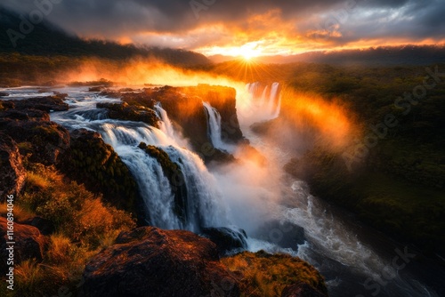 A breathtaking sunrise over IguazÃº Falls, with light beams piercing through the mist and illuminating the cascading water