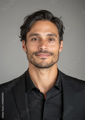 A man in a black suit and shirt is smiling for the camera