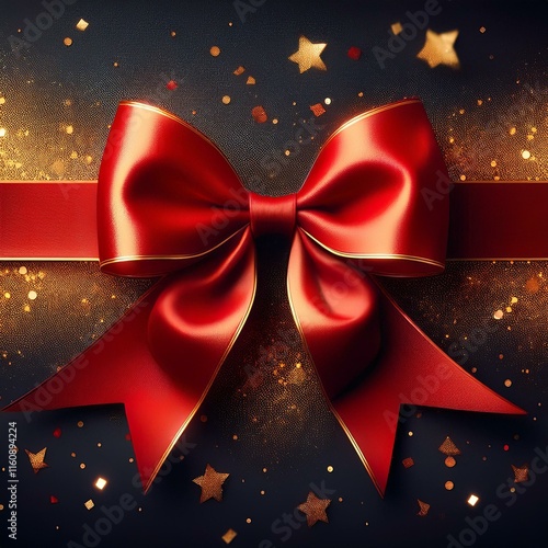 Generated imageShiny red satin ribbon bow on black dark background with golden festive confetti. Banner for christmas gift, black friday, big sale. Retail promotions, discount events photo