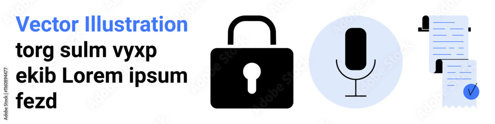 Lock, microphone, document with checkmark indicate security, audio recording, verified content. Ideal for security, communication, verification, privacy, recording, authentication, documentation Lock, microphone, document with checkmark indicate security, audio recording, verified content. Ideal for security, communication, verification, privacy, recording, authentication, documentation