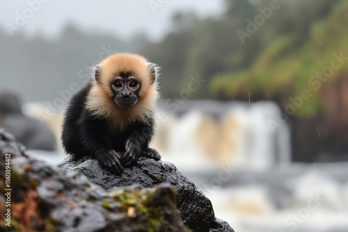 A capuchin monkey on a tree near IguazÃº Falls, its playful posture framed by cascading water in the background photo