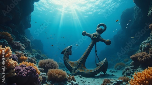 Sunbeams dance on an ancient anchor, resting peacefully on an ocean floor, surrounded by vibrant coral reefs and curious fish. photo