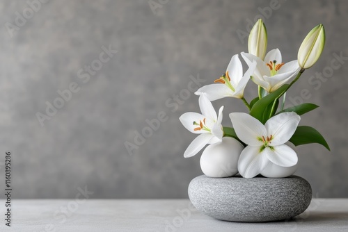 A clean graphic of a Zen-style Ikebana setup with a stone bowl and a single lily stem, symbolizing simplicity