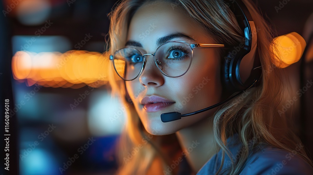 Woman with headset working late in an office, providing customer service or online consultation Woman with headset working late in an office, providing customer service or online consultation