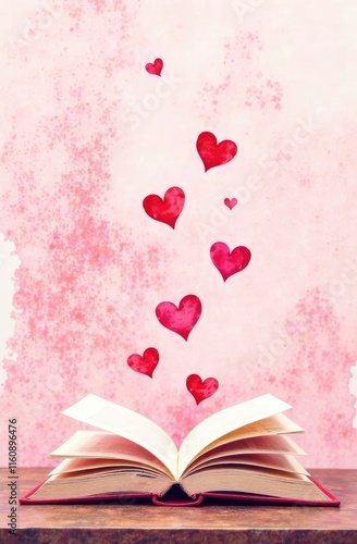 Opened book on table with flying small red hearts on light pink background. Love, valentines or mother's day concept. Close up, copy space