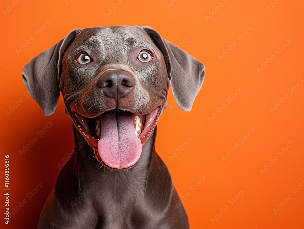 Playful chocolate brown dog with tongue out and bright orange background emphasizing cheerful mood. Playful chocolate brown dog with tongue out and bright orange background emphasizing cheerful mood.