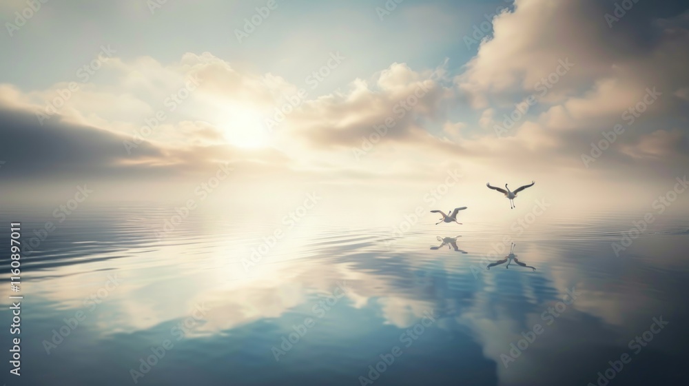 Fototapeta premium Two birds flying over calm water at sunrise.
