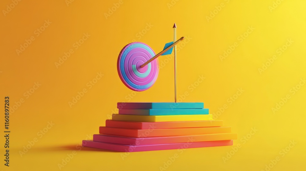 Fototapeta premium Colorful arrow hitting target on layered platform.
