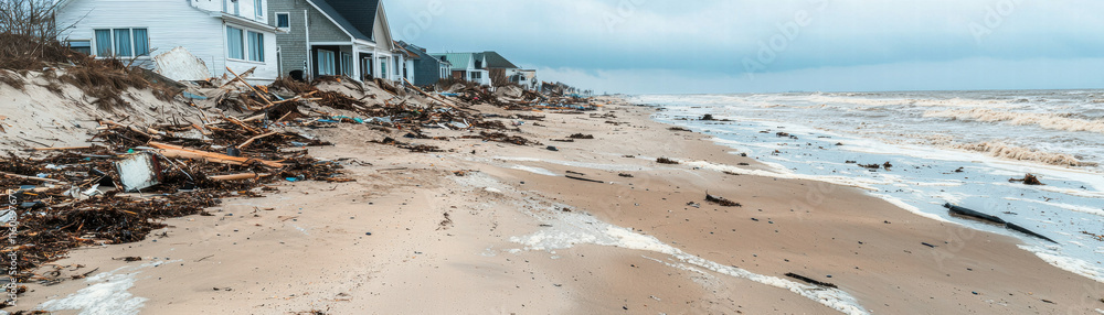 Climate change ecosystem global crisis. Coastal scene with debris and waves Climate change ecosystem global crisis. Coastal scene with debris and waves