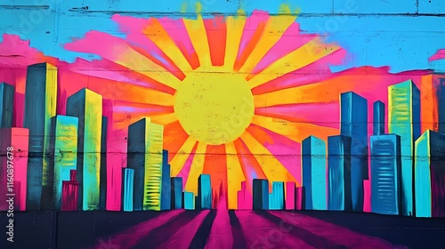 Vibrant Cityscape Sunrise: A Graffiti Mural