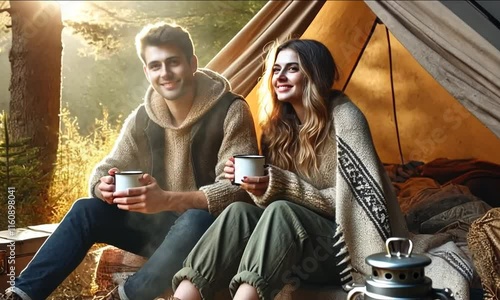 Wallpaper Mural A young couple relaxes in a peaceful forest, wrapped in warm sweaters while sipping from mugs. Soft sunlight filters through the trees, creating a magical atmosphere Torontodigital.ca