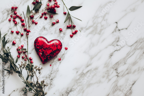 Flat Lay with Heart-Shaped Decor on White Marble Background – Elegant Valentine's Day Design - Negative Space