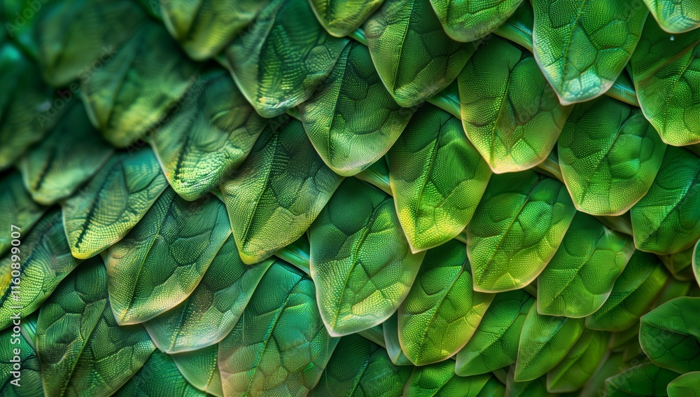 Fototapeta premium A close-up of the scales on an exotic bird's tail, each scale is intricate and unique in shades of green.