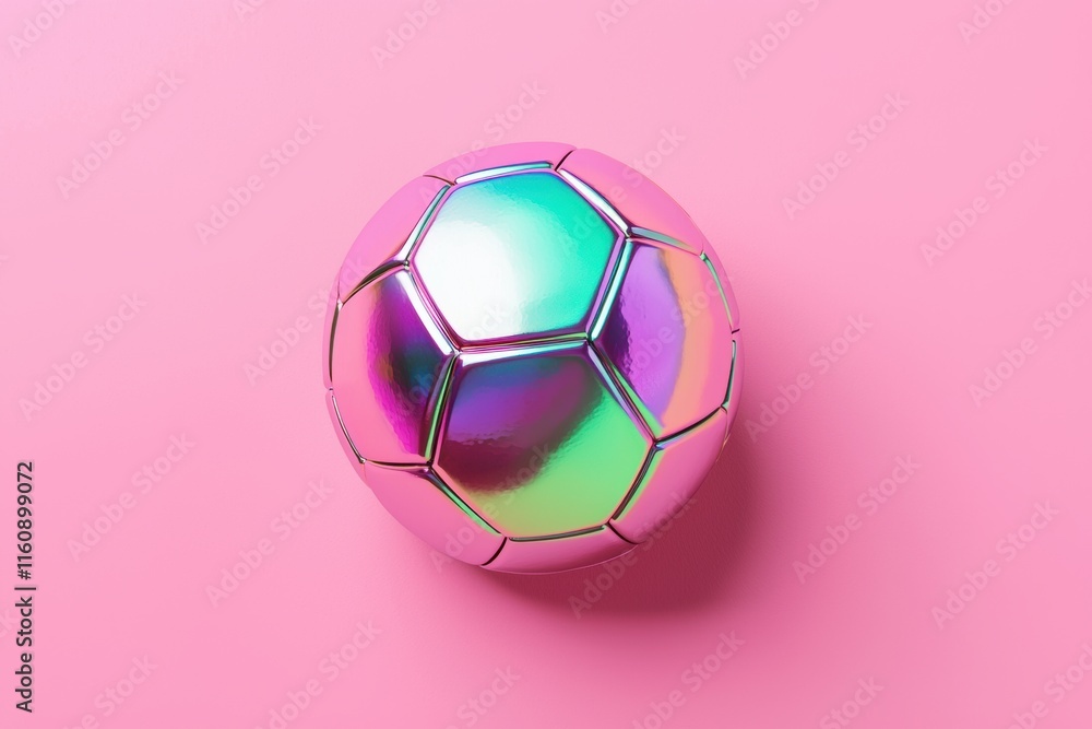 Naklejka premium Colorful Holographic Soccer Ball on Pink Background for Sports Themes