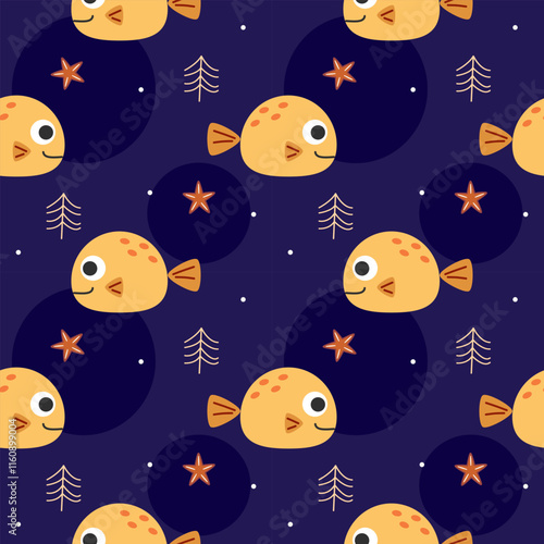 Yellow fish cartoon so cute. On starfish purple background. Pattern seamless vector illustration. 
